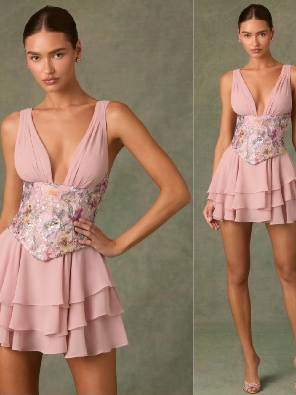 Oh Polly Sakura Floral Pink Embellished Corset Ruffle Mini Dress size 8
